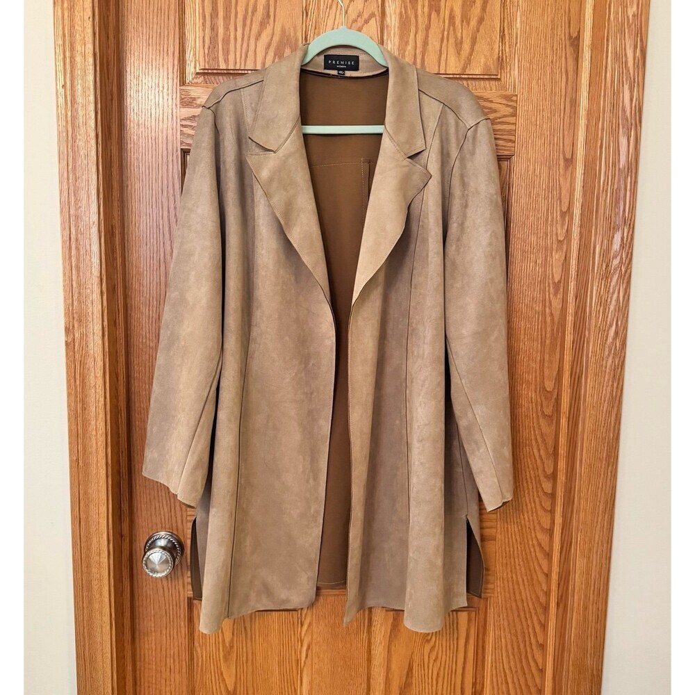 Premise Womens 3XL Taupe Beige Open Front Midi Drape Lapel Longline